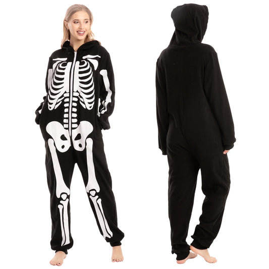 Unisex Adult Skeleton Jumpsuit Pajama Zippered Halloween Hoody Sleepwear Costume Black